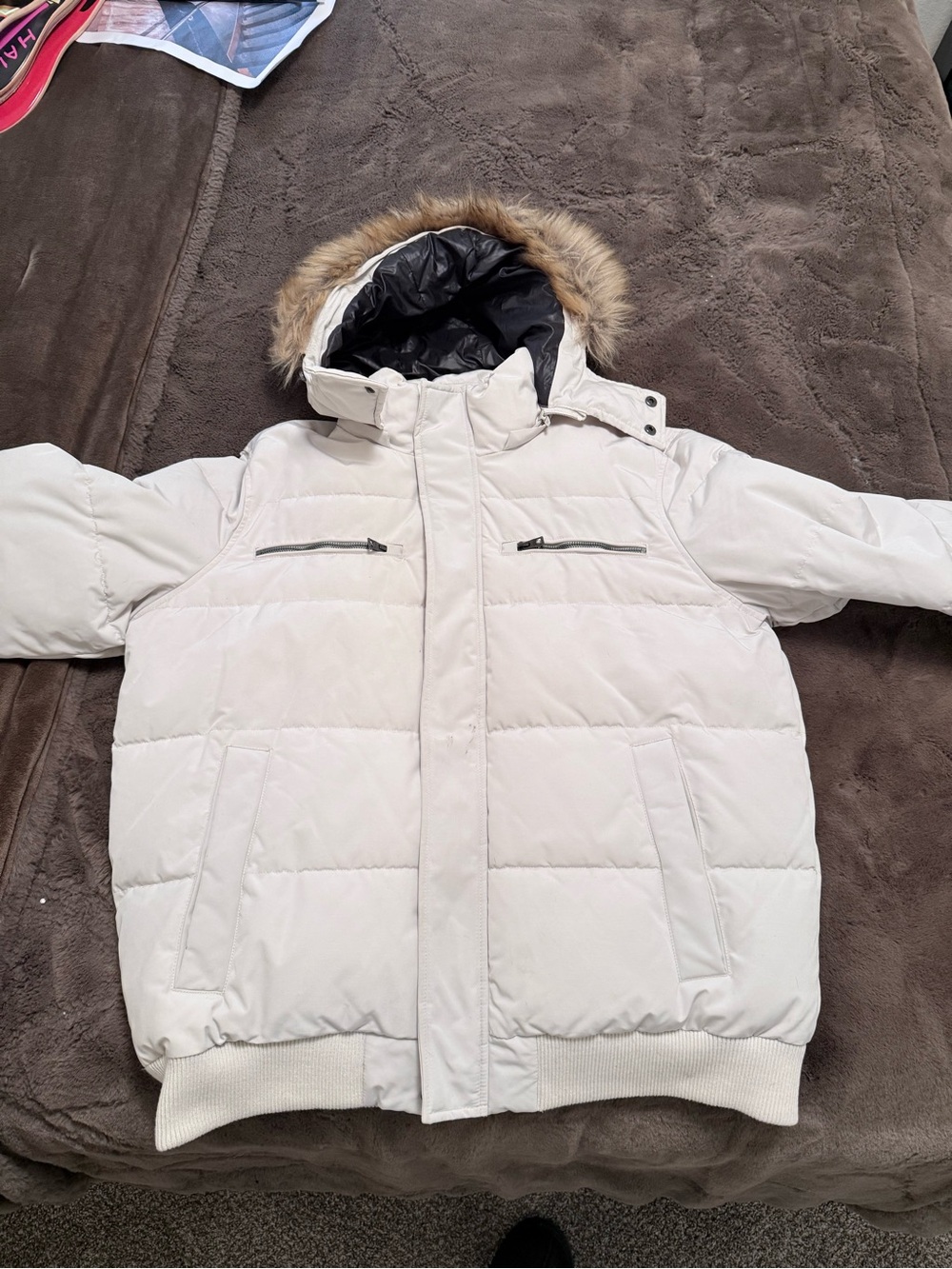Guess cream Puffer Jacket with Faux Fur Hood